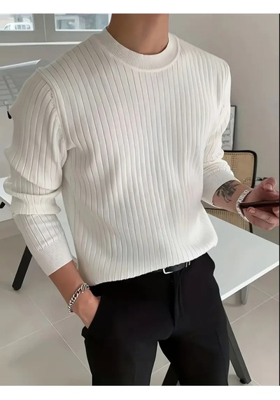 Erkek Bisiklet Yaka Slim Fit Triko Kazak Beyaz