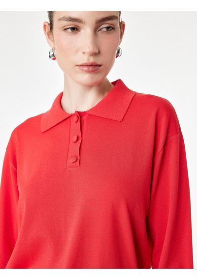 Koton Regular Fit Uzun Kollu Yarım Düğmeli Polo Yaka Triko Kazak Kırmızı 7wak90281ht