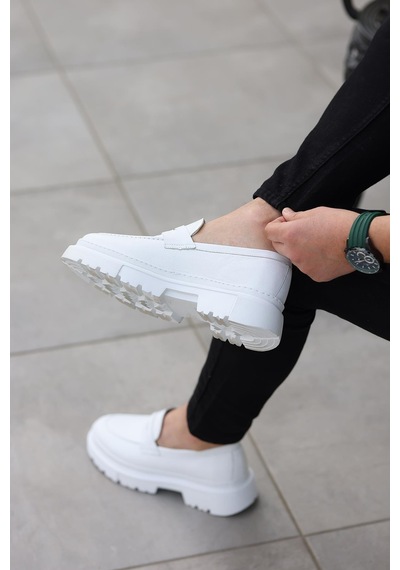 Shoetyle - Beyaz Deri Bağcıksız Erkek Günlük Ayakkabı 101-9069-941 Beyaz
