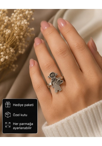 Sevimli Erkek Çocuk Ve Kalp Figürlü Antik Gümüş Renk Ayarlanabilir Kadın Yüzüğü Anlamlı Hediye Takısı Gümüş - Gri