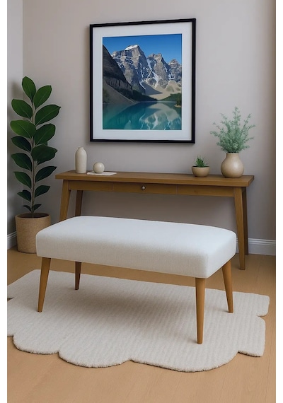 Waterybrook Bench Bank - Keten Kumaş - Ceviz Ahşap Ayaklı - 90x45 Cm - Modern Retro Tasarım - Oturma Pufu Krem