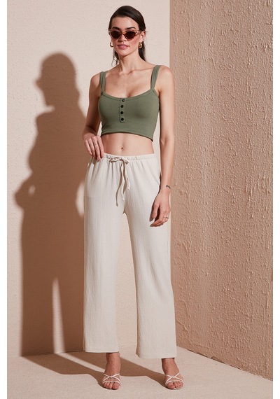 Lela Regular Fit Normal Bel Geniş Paça Bayan Pantolon 5866117 Taş