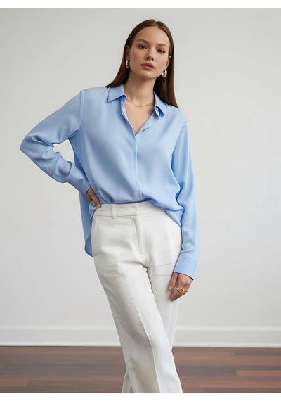 Pera Moda Tiril Tiril Boyfriend Viskon Gömlek Bebe Mavisi