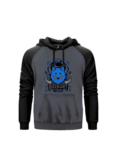 Mavi Ay Yıldız Amblemli Bozkurt Türk Baskılı Kırmızı Renk Reglan Kol Sweatshirt Kapşonlu