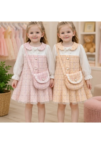 Candar Tül Kollu Çantalı Çocuk Elbisesi 1-2-3 Yaş Pembe