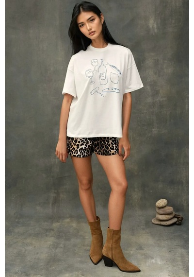 Hiccup Kadın %100 Pamuk Bisiklet Yaka Oversize Beyaz Baskılı T-shirt Tozlu Beyaz