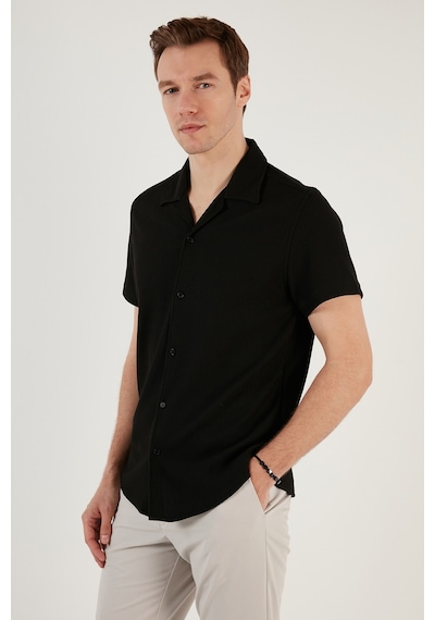 Buratti Pamuk Karışımlı Apaş Yaka Kısa Kollu Regular Fit Erkek Gömlek Cf24S115882 Siyah
