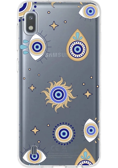 Samsung Galaxy A10 İle Uyumlu 1mm Slim Fit Nazar Boncuğu 5 Baskılı Şeffaf Kılıf Şeffaf