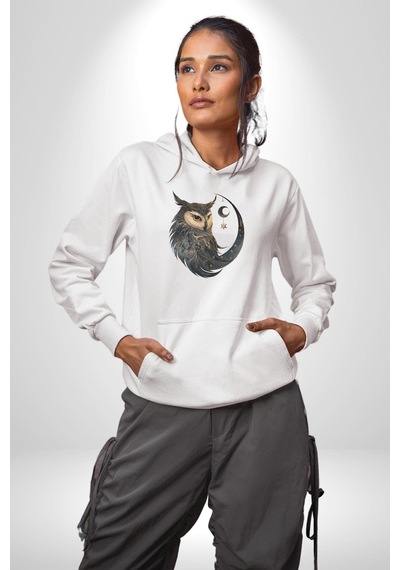 Ay Yıldız Bakır Renk Baykuş Kadın Erkek Beyaz Kapüşonlu Sweatshirt Hoodie Beyaz
