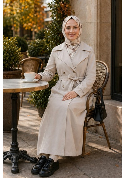 Hb Harma Time Butik Kadın Çift Düğmeli Kuşaklı Astarlı Bondit Bej Trençkot