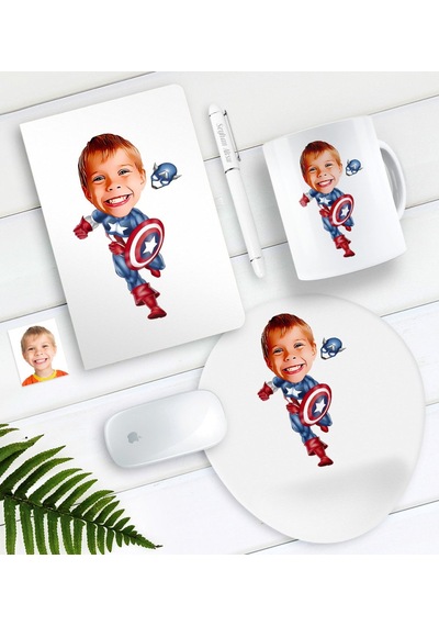 Kişiye Özel Çocuk Kaptan Amerika Karikatürlü Defter Kalem Kupa Mo