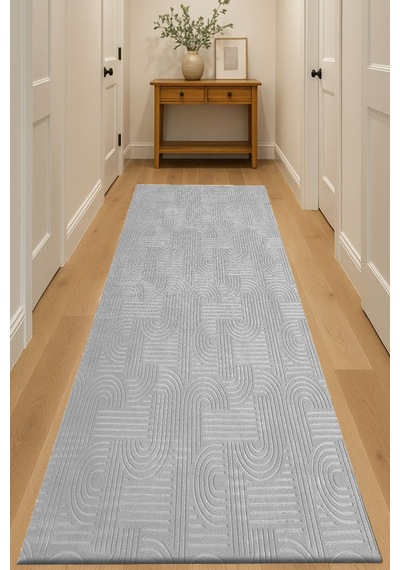 Raschel Carpet Bohem Açık Gri Emboss Premium Seri Kaymaz Taban Jel Taban Halı Yolluk Antre Hol Gri