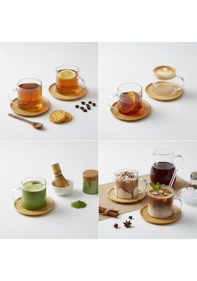 Bambu Tabaklı 2'li Cam Fincan Seti 150 Ml - Yuvarlak/kare Seçenekli Borosilikat Bitki Çayı Ve Double Kahve Fincanı Genel