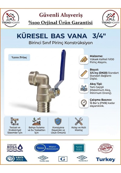 Trendhomm Küresel Bas Vana 3/4'' - %100 Prinç Malzeme 3/4''