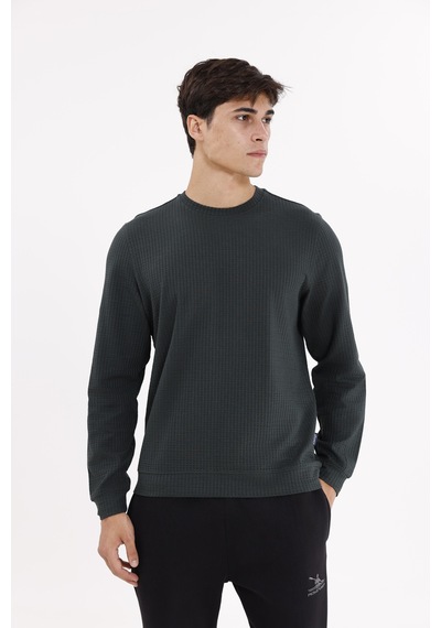 Rowinger Petek Yüzeyli Bisiklet Yaka Rahat Kalıp Lastik Manşetli Mevsimlik Sweatshirt Black