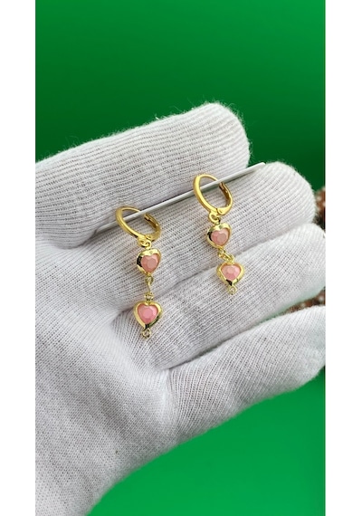 Kadın Gold Renk Kalpli Küpe Pembe