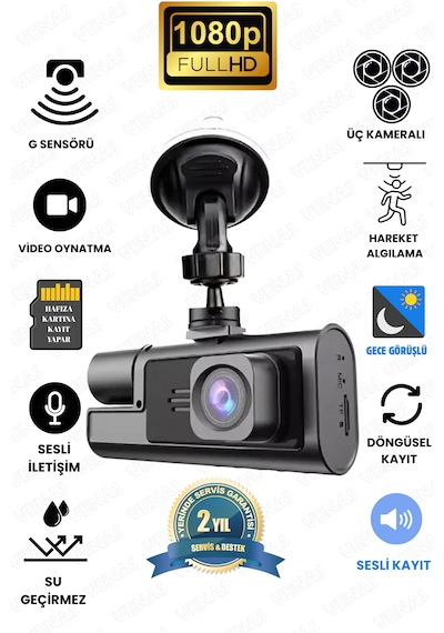3 Kameralı 1080p Full Hd Ekranlı Geri Görüş Kameralı Araç İçi Kamerası
