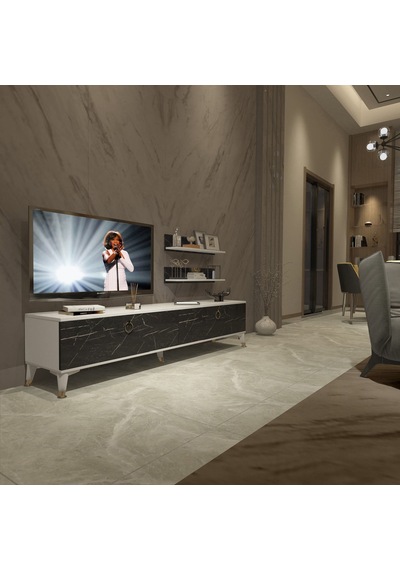 Decoraktiv Eko 4 Mdf Std Gold Tv Ünitesi Tv Sehpası Beyaz - Siyah Mermer