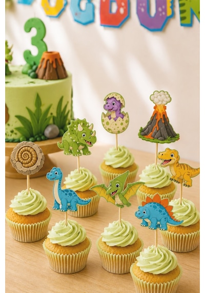 Dinazor Temalı Doğum Günü Parti Seti, İyi Ki Doğdun Flama, Cupcake Ve Pasta Süsü Happy Birthday Dijital Baskı