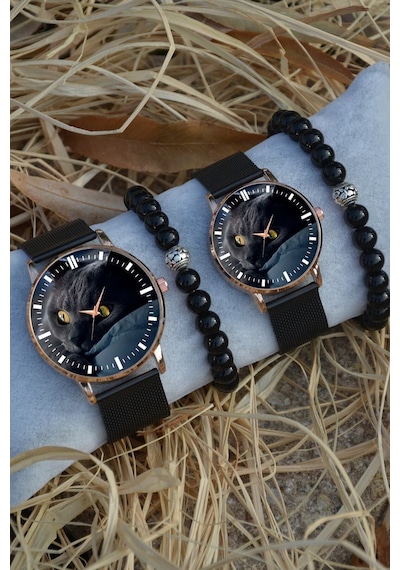 Çift Saatleri Sevgili Saati Siyah Rose Gold Hasır Çift Kedi Gözü Saat Ve Bileklik Çift Saatleri