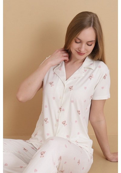 Wordex Mirano 9505 Ayıcık Desenli Pegasus Kumaş Düğmeli Kısa Kolu Kadın Pijama Takımı Ekru