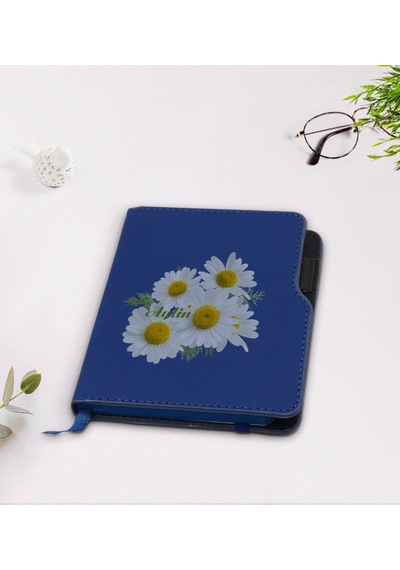 Kişiye Özel Papatya Temalı Lacivert Termo Deri Defter-12