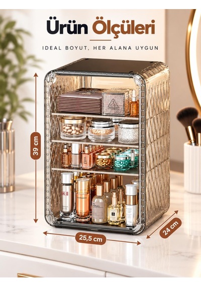 Need Dolap Tasarımlı Şeffaf Kapaklı Makyaj Organizeri Gold Transparan - Nd-8095-tpb