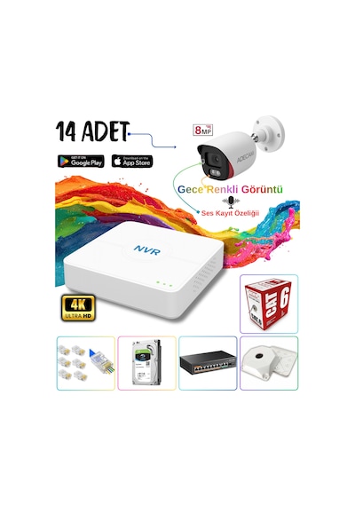 Adecam 14 Lü Full Hd Ip Güvenlik Kamera Sistemi - Gece Renkli & Sesli Set + 30 Gün Kayıt, Cepten İzleme