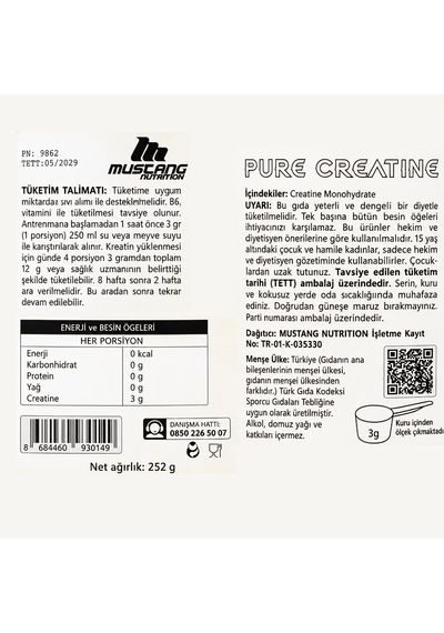 Mustang Nutrition Creatine Monohydrate Kreatin 252 Gr 84 Servis + Shaker + Protein Kahve Hediyeli Aromasız
