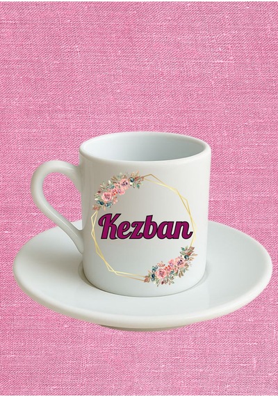 Baskıbazar Kezban İsim Yazılı Türk Kahvesi Fincanı - Beyaz Tasarım Hediye Seti