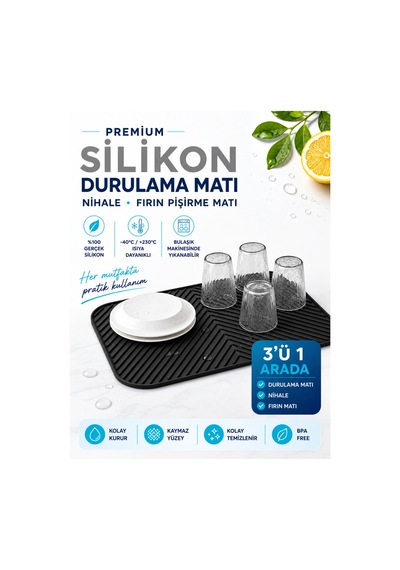 Tezgah Üstü Bulaşık Kurutma, Durulama Matı, Isıya Dayanıklı, Kaymaz Ve Katlanabilir %100 Silikon Siyah - 904899893 Siyah