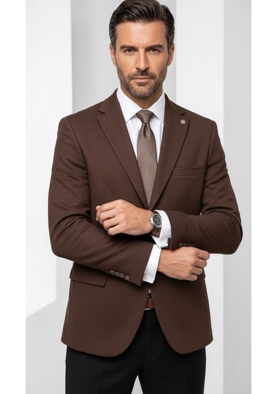 Plus Scorpion Erkek Slim Fit Çift Düğme Çift Yırtmaçlı Blazer Ceket Premium Dokulu Kumaş Kahverengi