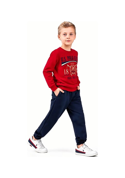 U.S. Polo Assn. Baskılı Sweatshirt & Eşofman Altı Erkek Çocuk İkili Takım Kırmızı