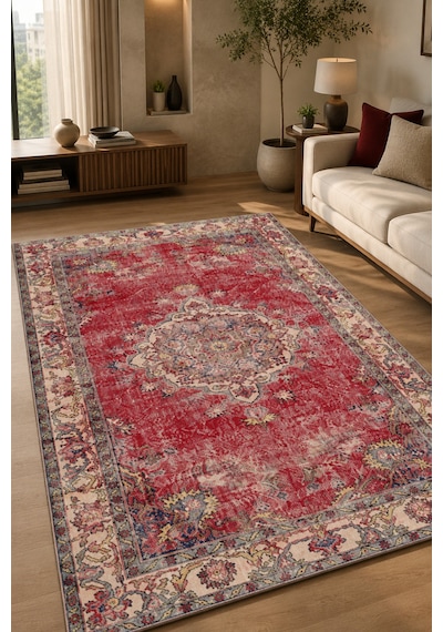 Vintage Eskitme Kırmızı Dijital Baskılı Halı - Yıkanabilir Salon Odası Halısı Bordo
