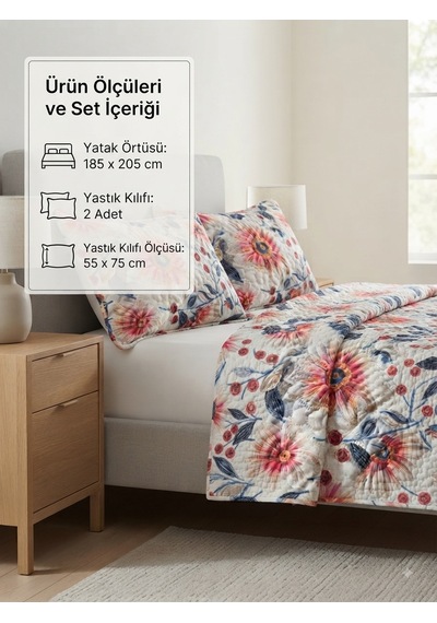 Fugo 5d Baskılı Çift Kişilik Yatak Örtüsü Seti Çiçekli Desen 185x205 Cm + 2 Adet 55x75 Cm Yastık Kılıfı Çok Renkli