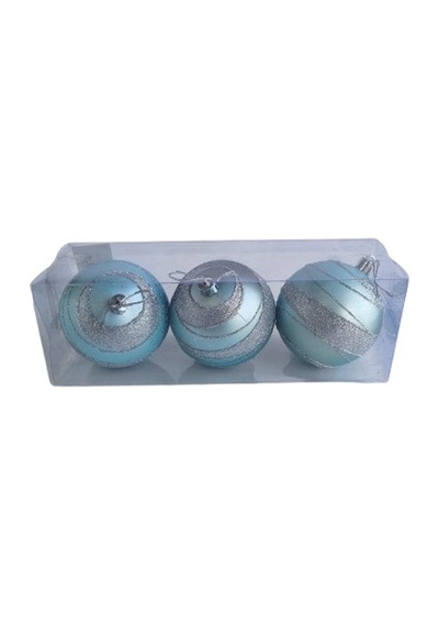 3 Adet Yılbaşı Ağacı Top Süsü 8 Cm - Simli Şeritli Açık Mavi Parlak Kaliteli Yılbaşı Dekorasyonu Seti Pvc Kutulu Set