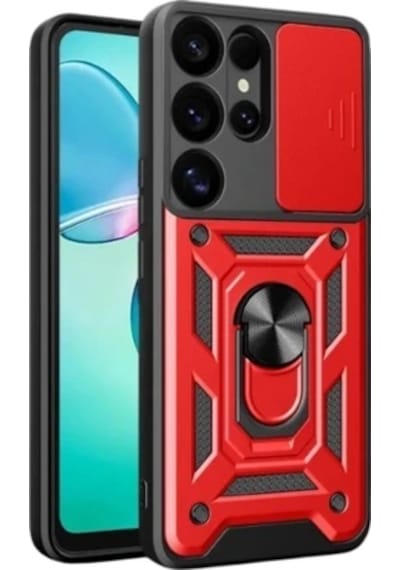 Samsung Galaxy S26 Ultra İle Uyumlu Kılıf Magnetik Standlı Kamera Korumalı Sürgülü Kapak Kırmızı