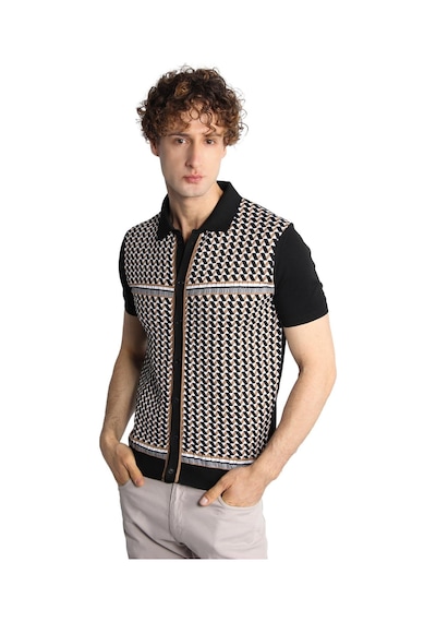 İgs Siyah Slim Fit Dar Kalıp Düğmeli Polo Yaka Desenli Kısa Kollu Triko Tişört-16311