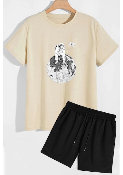 Uyguntarz Uzay Temalı Şort T-shirt Eşofman Takımı Bej