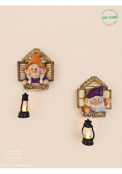 Dekoratif Fenerli Welcome Cüce Çifti 2li Set Dekoratif Kapı Ve Duvar Süsü Renk Seçenekli 17x15 Cm. Kırmızı Mor