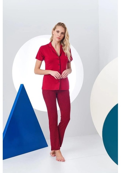 Pjs 24156 Kadın Çizgili Düğmeli Pijama Takım 001