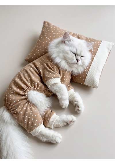 Latte & Matcha Kedi Rüyası Pamuklu Kedi Tulumu, Polar Sweatshirt Ve Mini Yastık 3 Parça