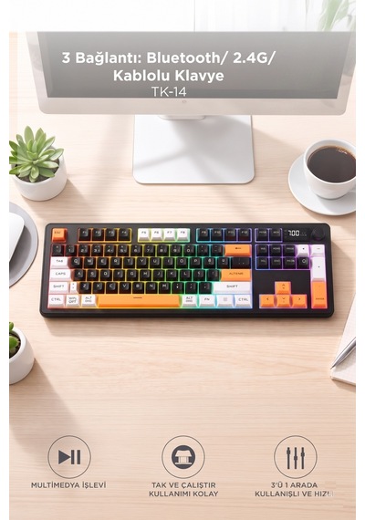 Oyuncu Klavyesi Rgb Işıklı Dijital Ekranlı 3 Modlu Mekanik Hisli Kablosuz Klavye Tk14