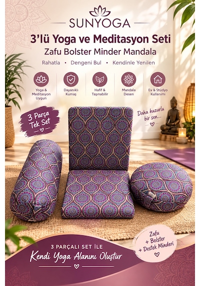 3'lü Yoga Ve Meditasyon Seti Zafu Bolster Minder Mandala Mor