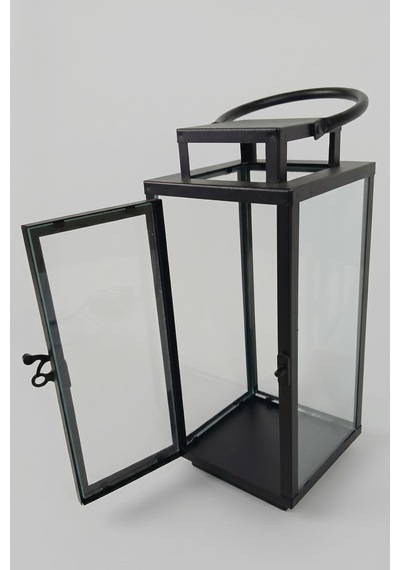 Cam Panelli 31 Cm Metal Mumluk Fener - Askılı Dikdörtgen Dekoratif Şamdan Siyah
