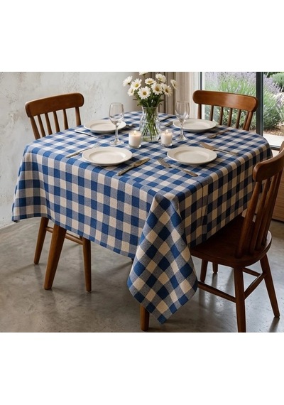 Bicomi Leke Dirençli & Ütü Gerektirmeyen Konforlu Fiber Sofra Bezi 160x160 Cm, Mavi Ekose Çok Renkli