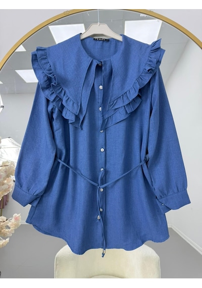Lovie Moda Fırfır Yaka Bağcıklı Tunik Mavi