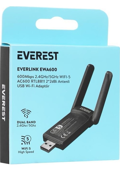 Everest Everlınk Ewa600 600mbps 2.4ghz/5ghz Wıfı-5 Ac600 Rtl8811 2 2dbi Antenli Usb Kablosuz Adaptör