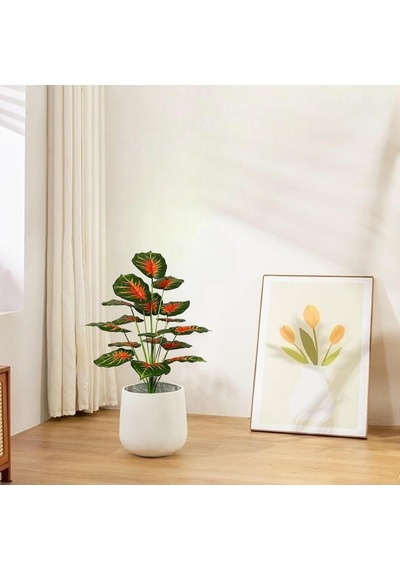 Yapay Çiçek Saksıda Tropik Kızıl Caladium 18 Dal 70 Cm Salon Çiçeği Yapay Bitki