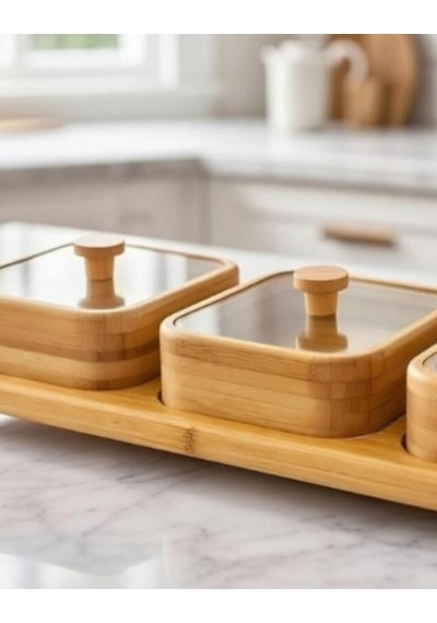 3'lü Standlı Bambu Çerezlik - Kapaklı Kahve Yanı Sunumluk Bambu Kase Kahvaltılık Sunum Kasesi Bambu